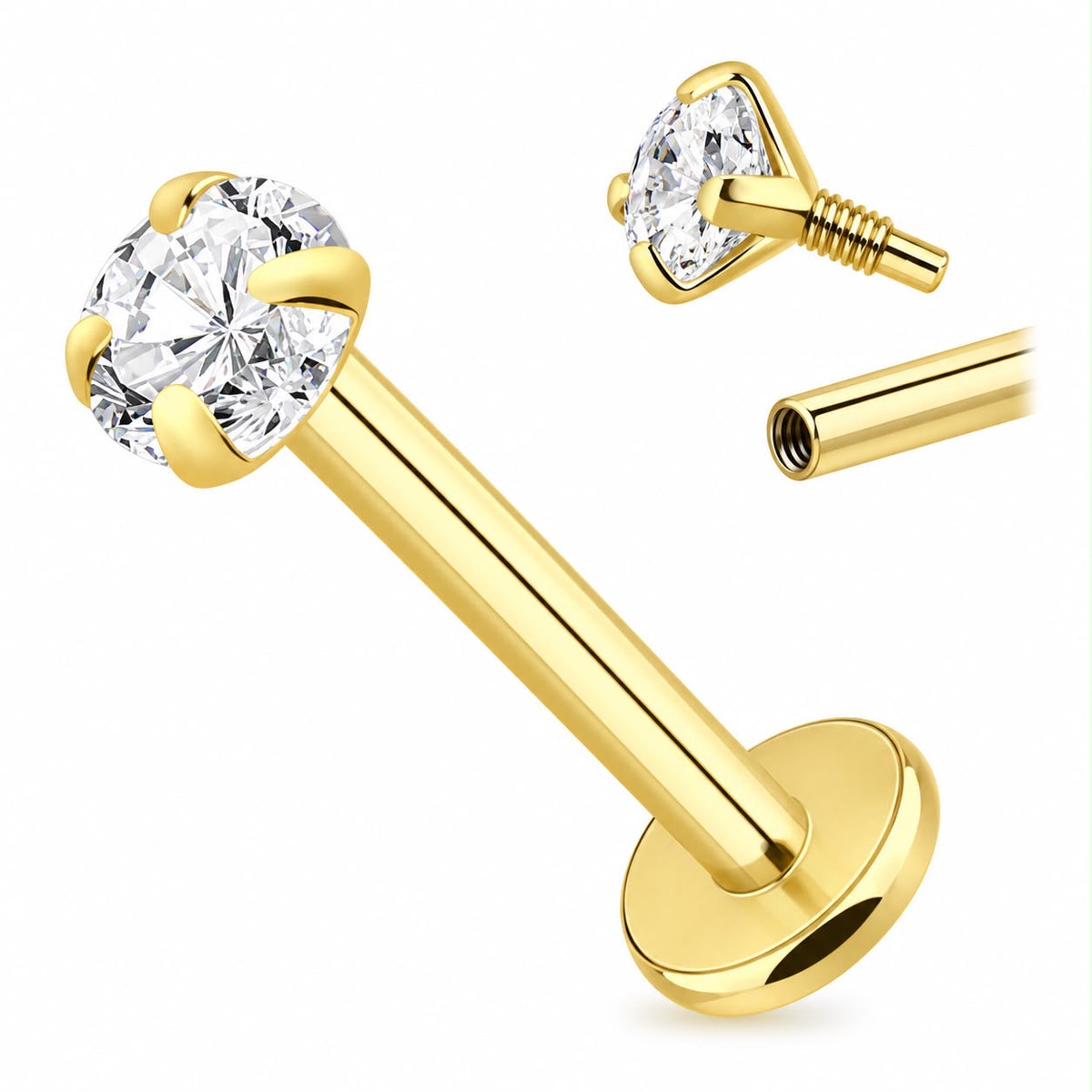 Labreta zo 14K zlata s vnútorným závitom a 3 mm CZ kamienkom