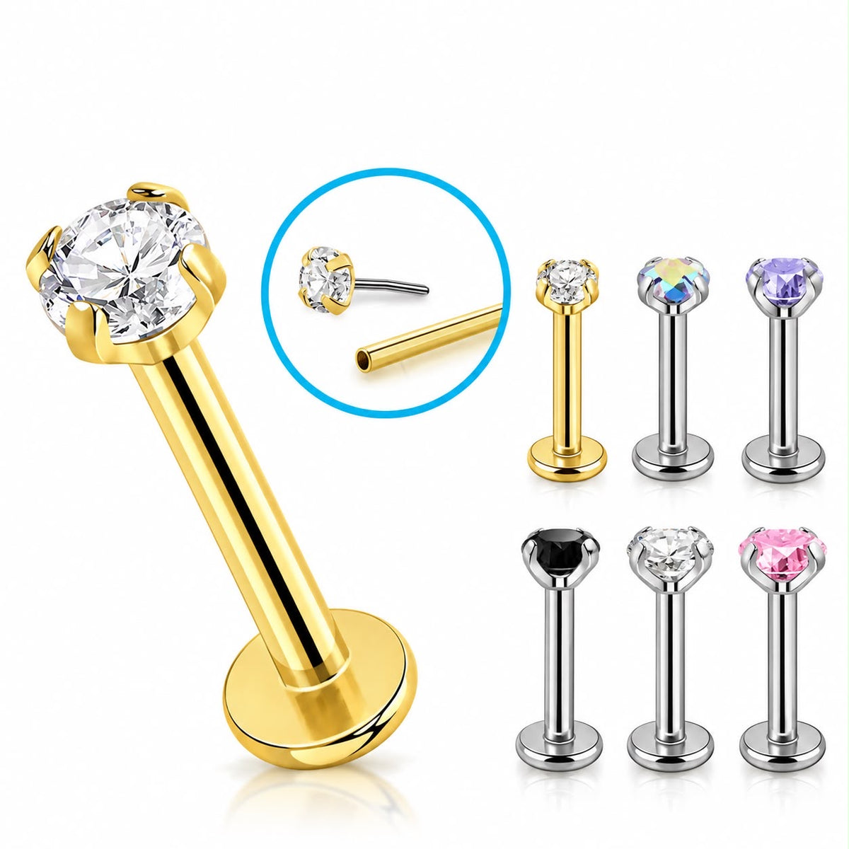 Zlatá titánová labreta ASTM F136 s CZ kamienkom – Threadless Push Pin 16G