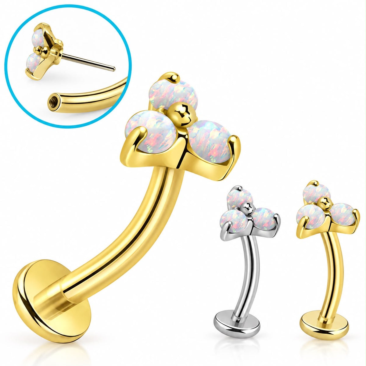 Titánová Floating Belly labreta ASTM F136 s Trinity opálmi – Threadless Push Pin