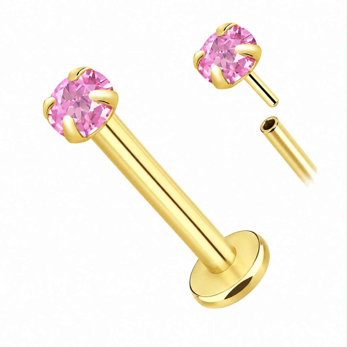 Labreta zo 14K zlata s pravým ružovým turmalínom – Threadless Push Pin