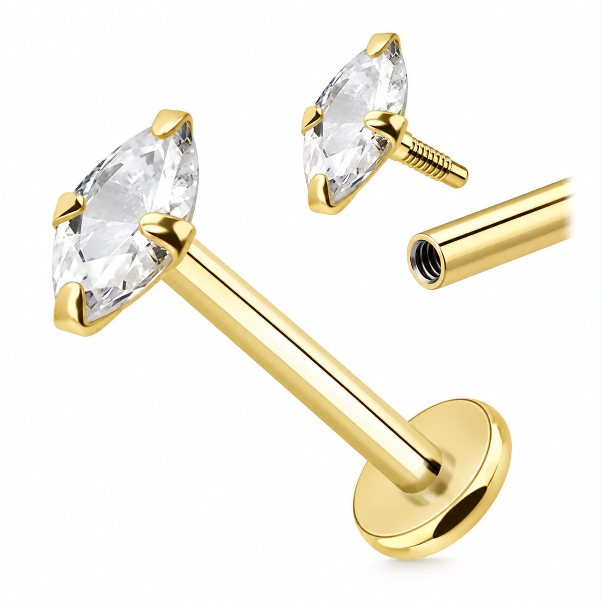 Labreta zo 14K zlata s Marquise CZ kamienkom – Threadless Push Pin
