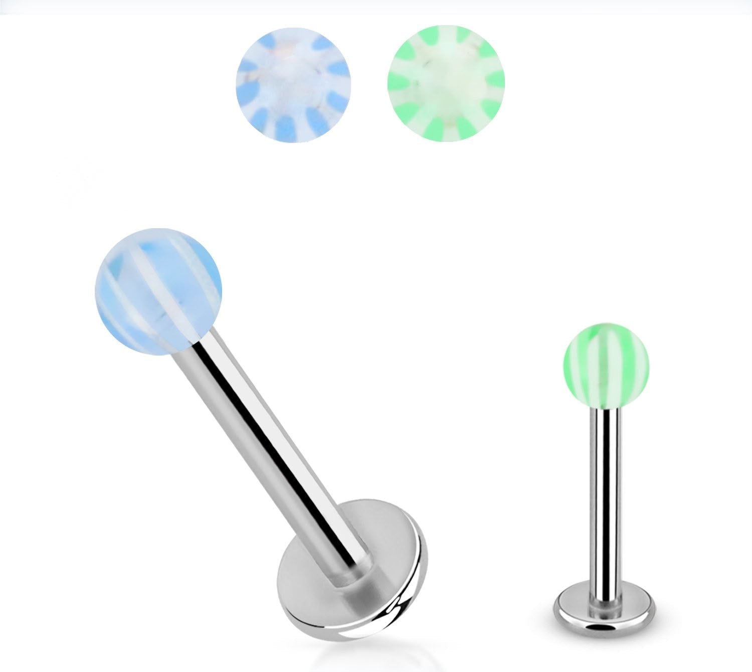 Labreta z chirurgickej ocele 316L – 1,2 × 8 mm, akrylová gulička 3 mm I zelená I modrá
