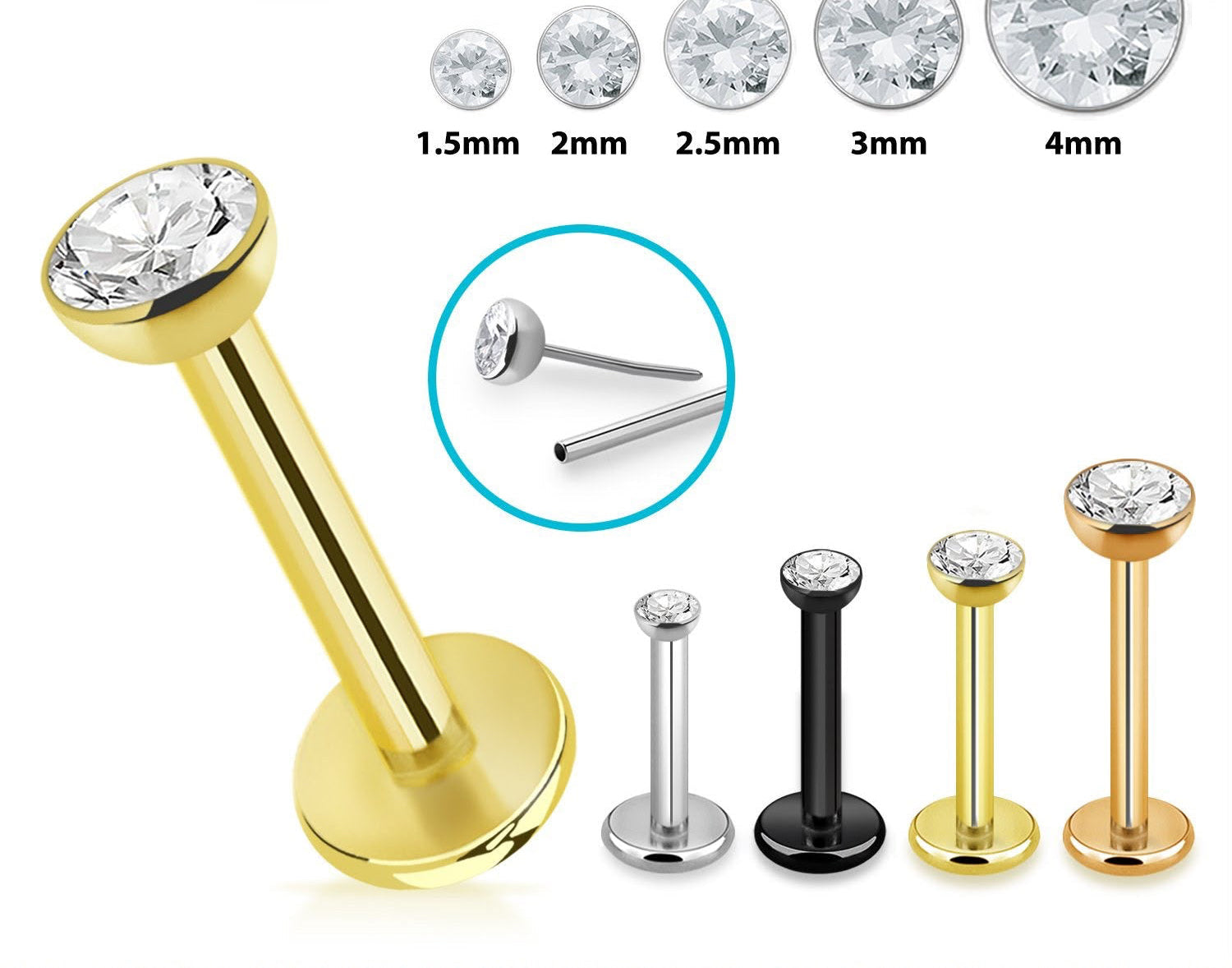 Titánová (G23) labreta Push Pin s plochým kamienkom (CZ)